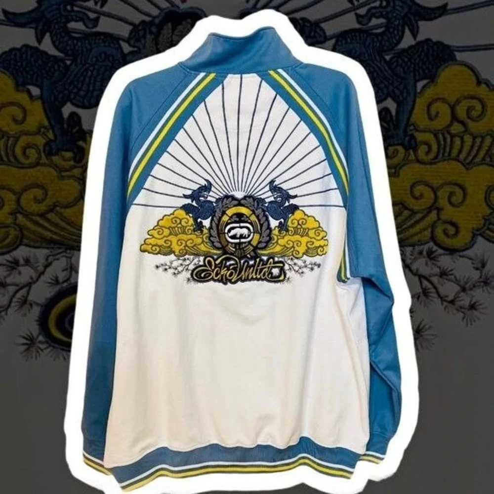 Ecko Unltd rhino big logo blue dragons gold tone logo charm varsity jacket XL‎